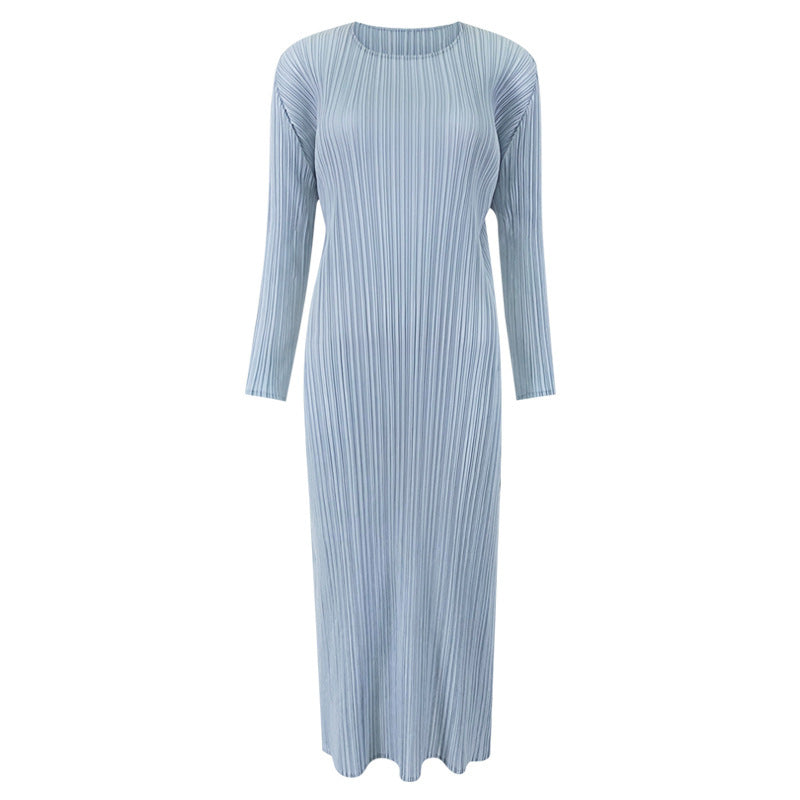 Amazon women's  european and american classic pleated long sleeve solid color midi slim fit slit dress