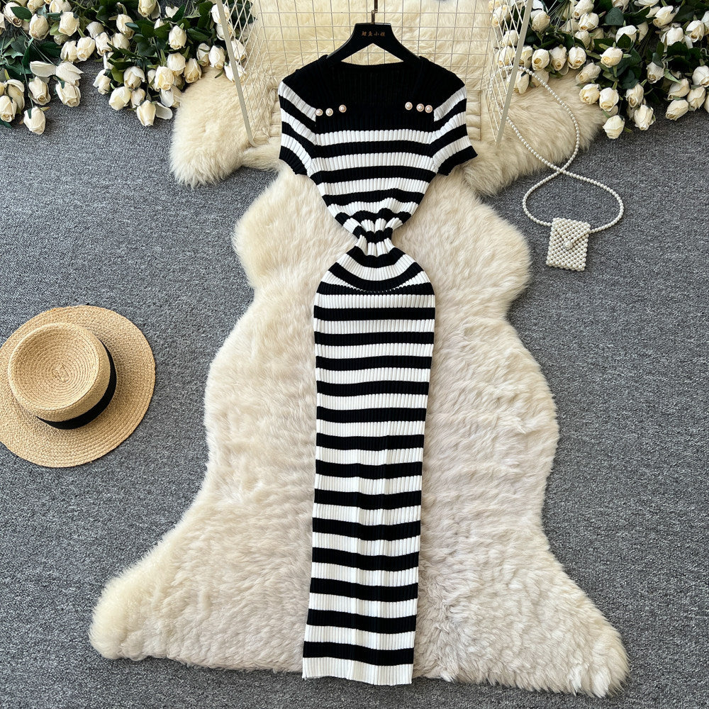 Korean style blue and white striped square neck knitted dress - women's summer short sleeve high waist a-line dress - commuter chic, slimming fit