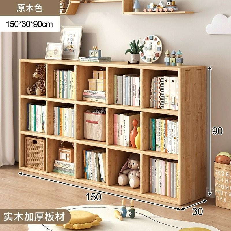 Checkered solid wood bookshelf floor-standing storage rack home living room organizer wall-mounted low cabinet bookcase