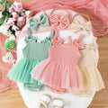new european and american style sleeveless ribbed solid color gauze dress triangle romper + bow headband for baby girls