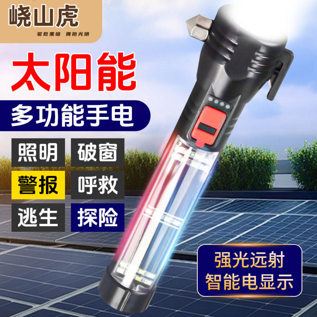 Emergency escape multi-function car flashlight LED solar outdoor emergency light COB strong light broken window safety hammer