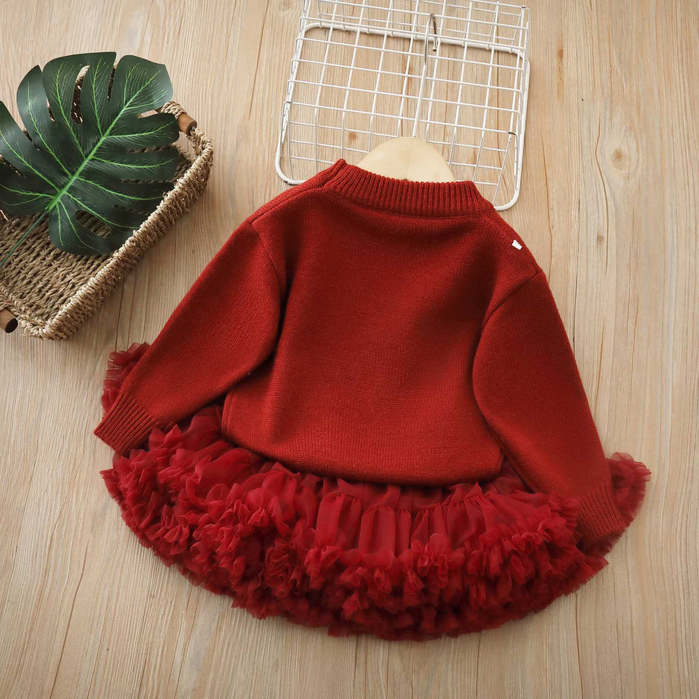 Girls' sweater two-piece set: new autumn/winter sweet & chic sequin strawberry knit pullover top & tutu skirt outfit