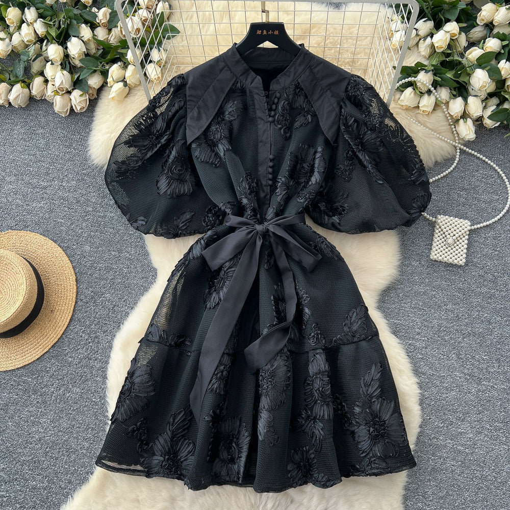 French retro court style heavy embroidery lantern sleeve cinched waist dress - women's summer high-end slimming a-line dress