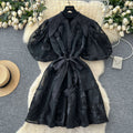 French retro court style heavy embroidery lantern sleeve cinched waist dress - women's summer high-end slimming a-line dress