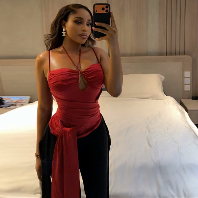 European and american style ins cross-border fashion pure color women's clothing pleated thin strap halter t-shirt sleeveless summer backless wrap top