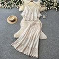 French riviera v-neck lace top & high-waisted midi skirt set - effortless summer chic