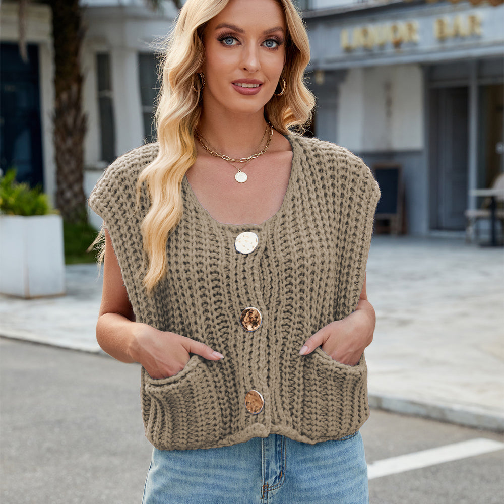 Fashion cross-border women's clothing  independent station new v-neck three-button sleeveless cardigan sweater vest