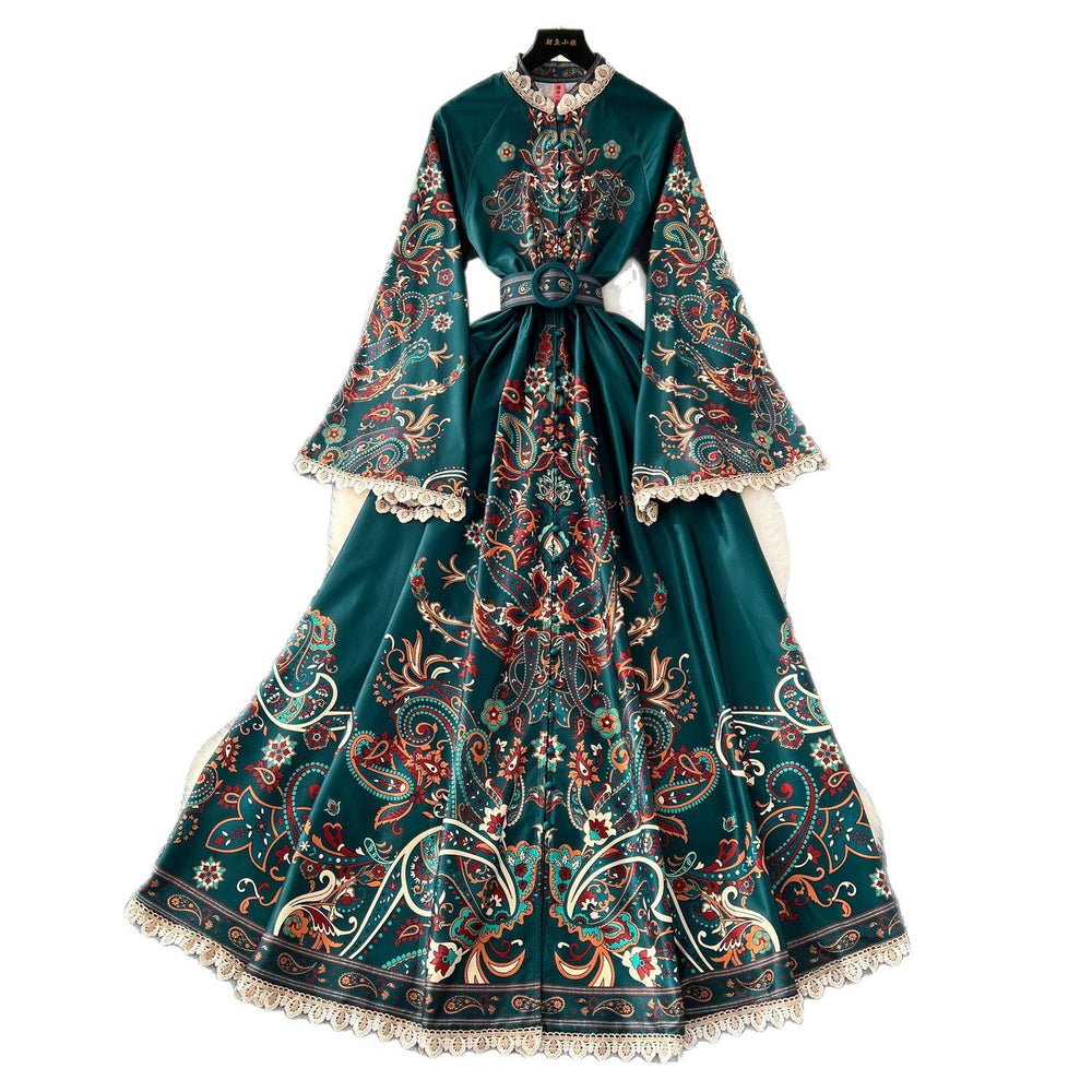 Palace style retro stand-up collar single-breasted bell sleeves long lacedress women's fashionfashionprinting long skirt