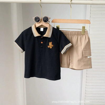 Kids' color block striped polo shirt and shorts set - boys' summer turn-down collar t-shirt and elastic waist shorts casual two-piece outfit