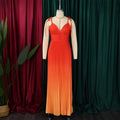European and american plus size women's clothing  new fashion v-neck sexy high-waisted gradient pleated maxi dress gown