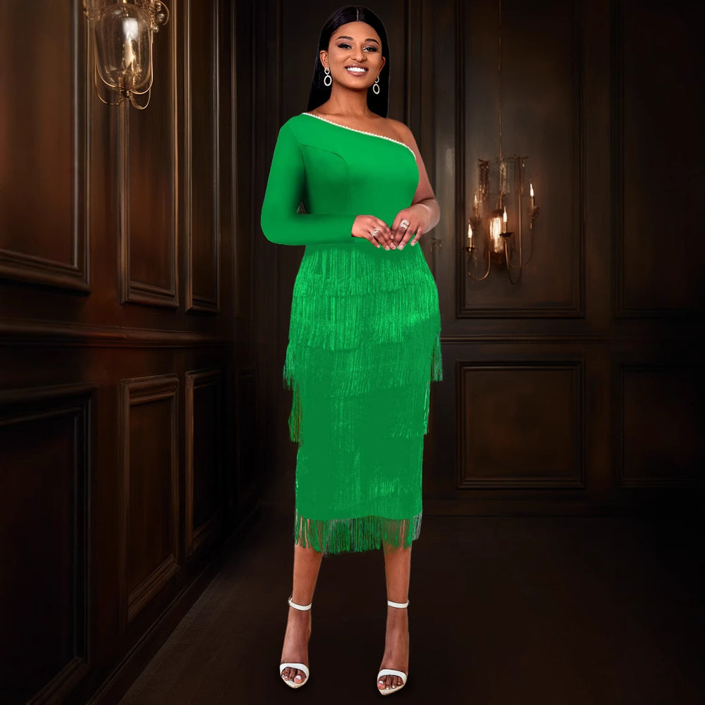 new sexy one-shoulder long sleeve dress high-waisted slimming tassel evening gown dresses
