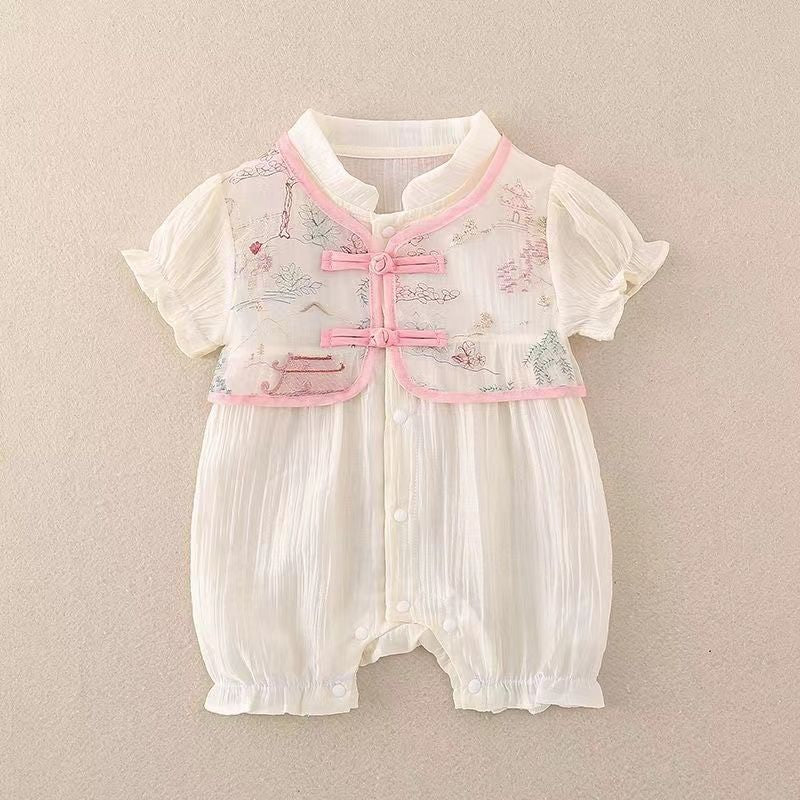 Baby clothes summer thin newborn baby girl one-piece full moon 100-day chinese style short-sleeved romper summer clothes