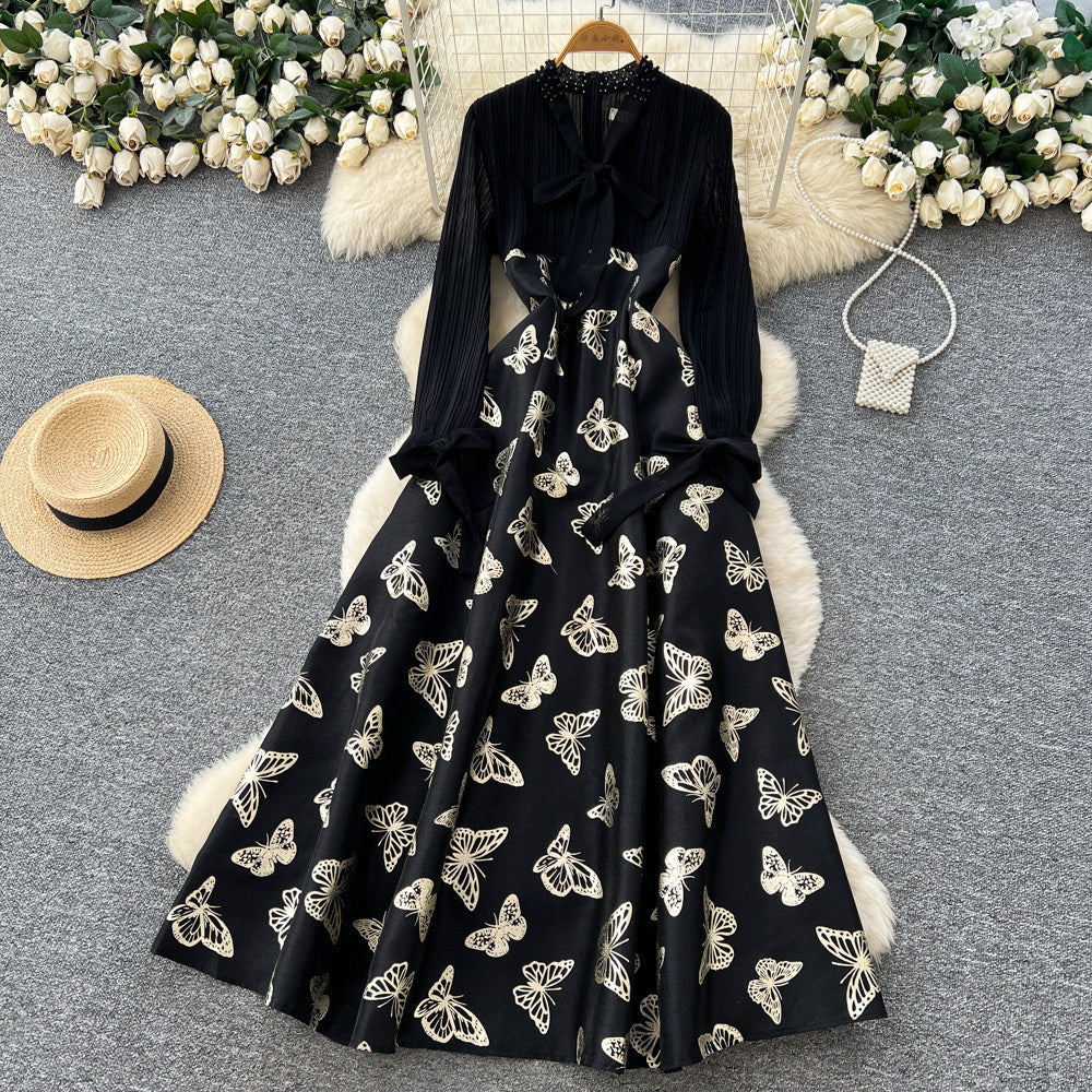 French chic butterfly print square neck dress - women's early spring outfit, high-waisted a-line skirt, figure-flattering, high-end style