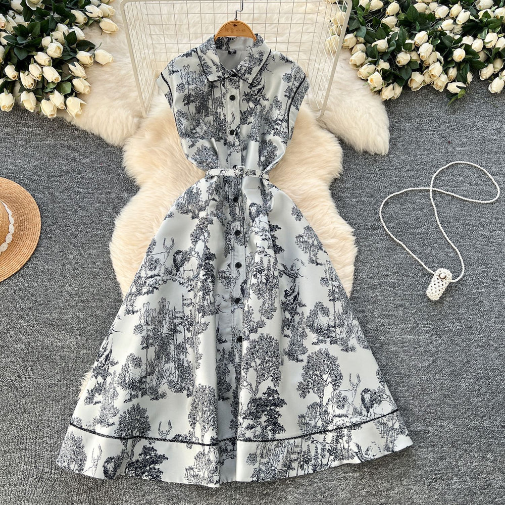 new women's high-end elegant dress - sleeveless, notched collar, cinched waist, single-breasted, ink wash painting jacquard maxi dress