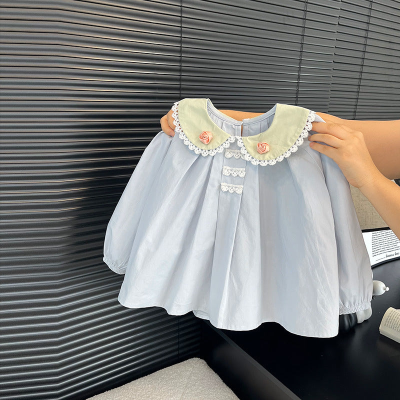 Girls' spring/autumn new arrival blouse - fresh floral print, turn-down collar, baby shirt, stylish and versatile long-sleeve top for girls