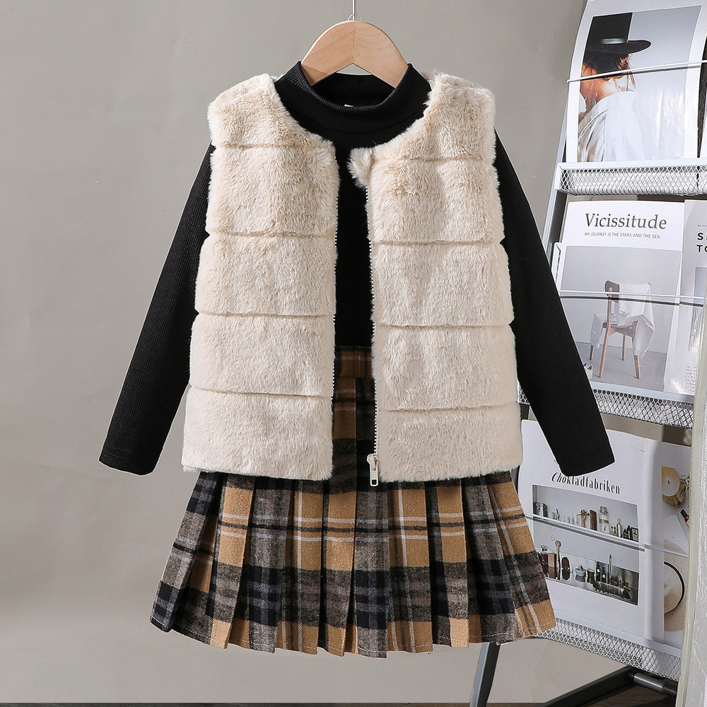 new summer cross-border fashion girls' fuzzy vest + knitted top + a-line skirt three-piece set