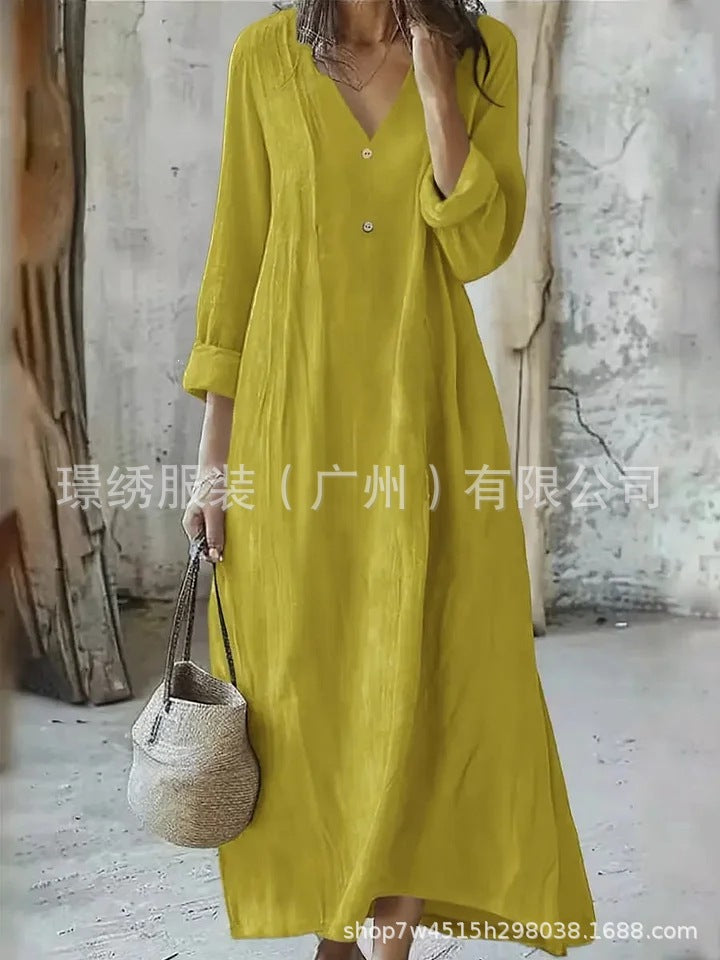 New arrival: cross-border  women's cotton linen v-neck maxi dress - fashionable, casual, long sleeve, button-down, loose fit
