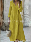 New arrival: cross-border  women's cotton linen v-neck maxi dress - fashionable, casual, long sleeve, button-down, loose fit