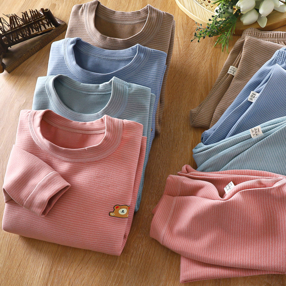 Kids' boneless fleece-lined turtleneck thermal underwear set - new autumn collection for boys and girls - striped, extra thick, warm innerwear set