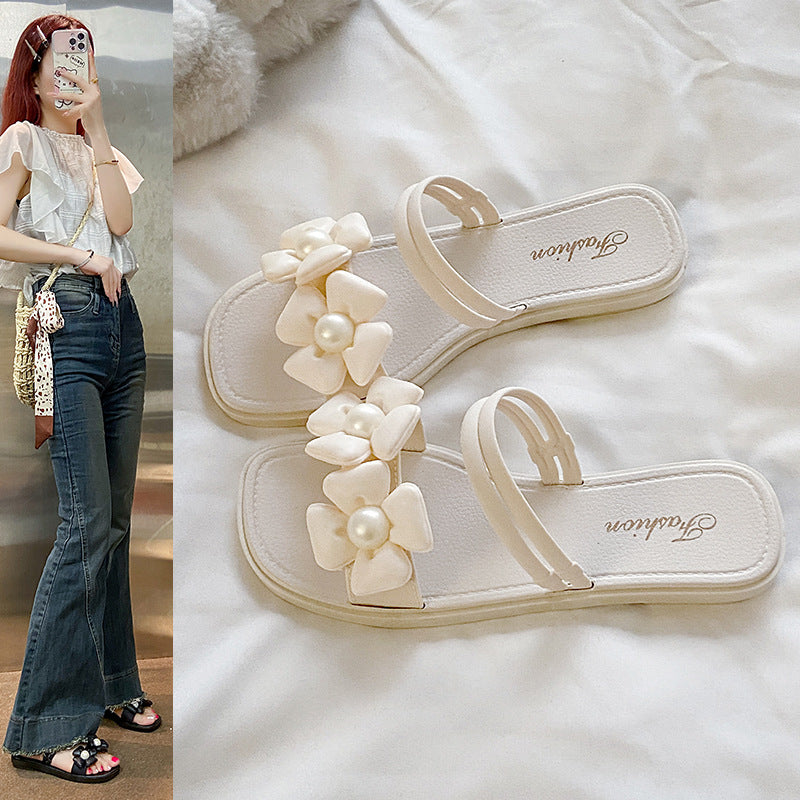 Pearl double flower hot style outwear sandals women's summer new fairy popular easiest for match soft bottom fashion slippers women