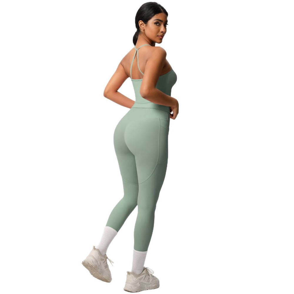 New arrivalpure color sling beautiful back yoga clothes hip pocket tights sports suit cloud-like quick-drying fitness clothes for women
