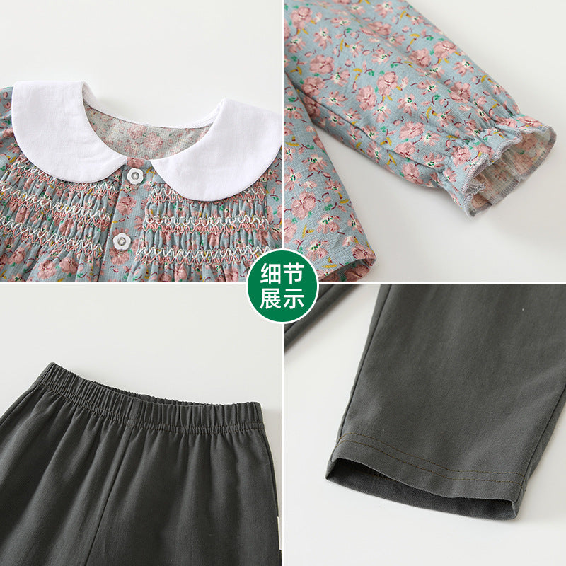 Girls' autumn two-piece outfit:  new collection, floral print long-sleeve collared dress set for kids