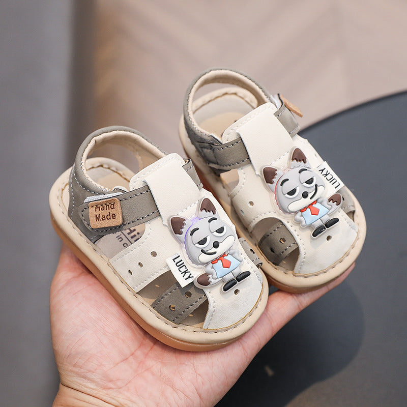 Summer newborn baby squeaky shoes, closed-toe first walker shoes, light-up sandals, british style soft sole baby shoes, 0-2 years old footwear