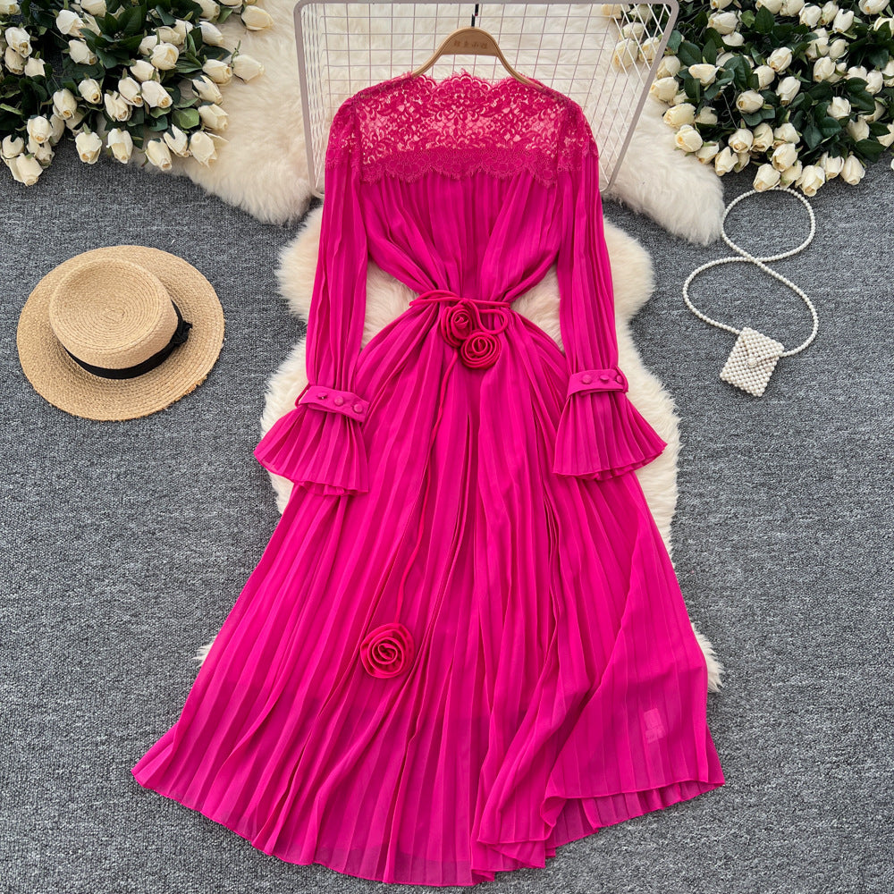 Classy sense of nicheelegancedress women's autumnew arrival strap waist lacepatchwork bell sleeve pleated long skirt
