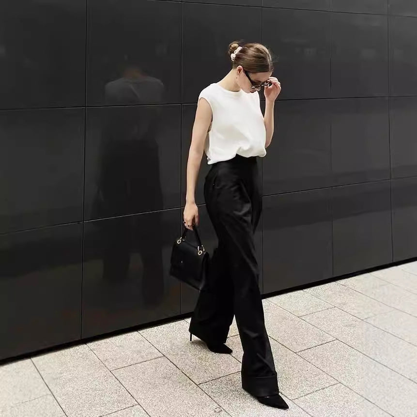 2024 hot-selling European and American simple black mopping wide-leg trousers commuting loose high waist drape suit trousers children