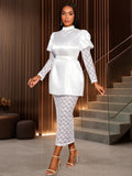 satinlacepatchwork high collar puff sleeve dress tie back waist slimming look party evening dress dress