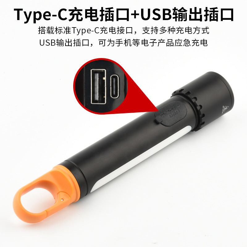 Cross-border new LED white concentrating flashlight Type-C charging can output aluminum-plastic telescopic zoom remote flashlight