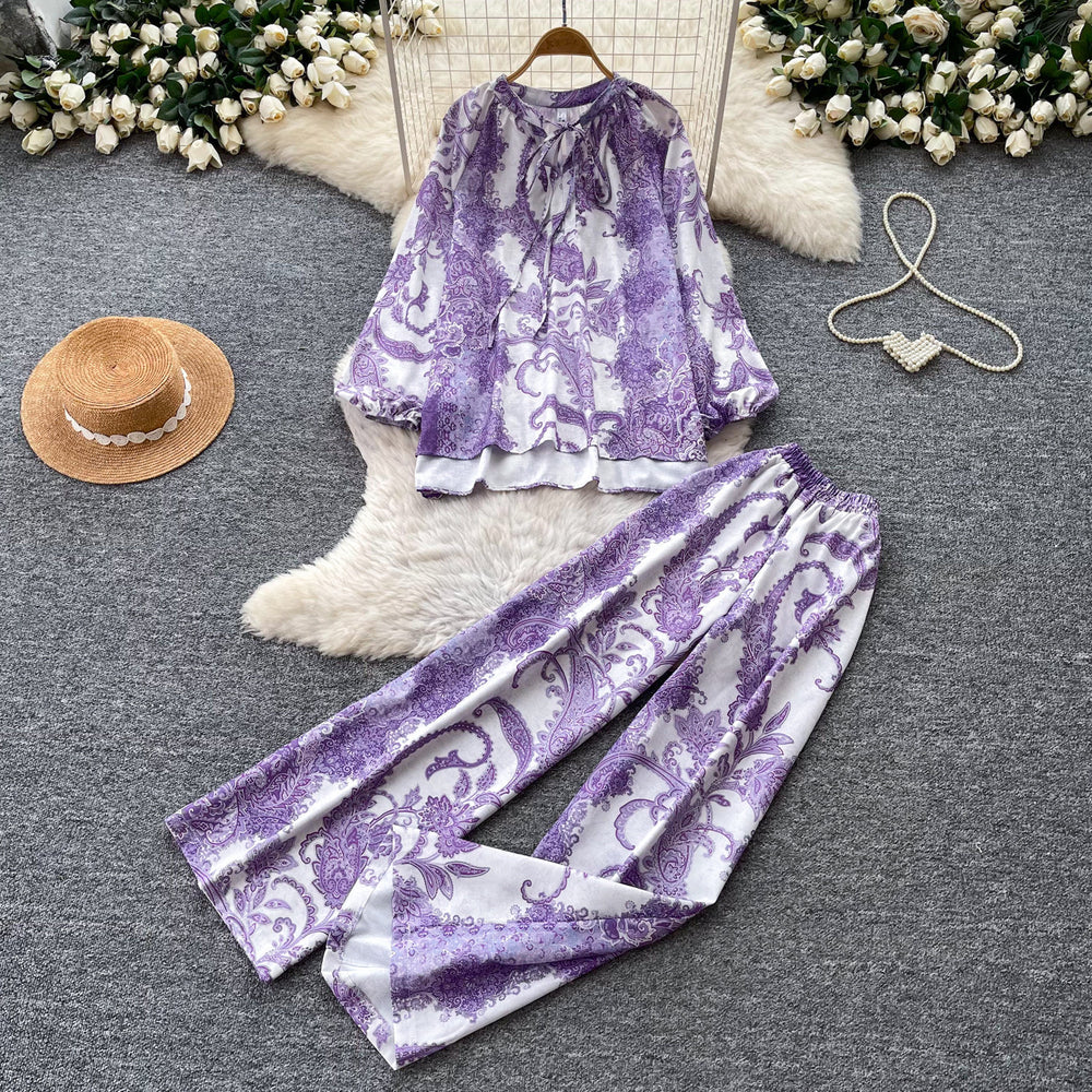 Light mature style printingtwo-piece set women's autumlong sleevestopswide leg pantswork clothingeasiest for matchsuitautumnew arrival