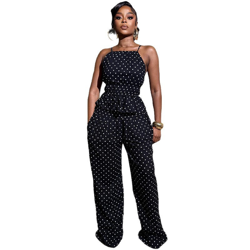 European and american style cross-border polka dot loose women's backless mid-waist pants suit one-line collar summer sports trendy two-piece set