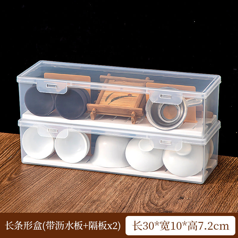 Plastic Kung Fu tea teacup tea set storage box with lid, dustproof and stackable multi-functional transparent desktop storage box