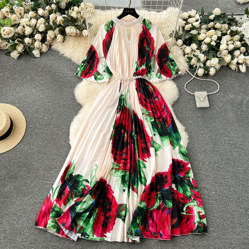 European style plus size women's high-end printed, heavily beaded, pleated long formal dress with pleated skirt - elegant women's dress