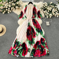 European style plus size women's high-end printed, heavily beaded, pleated long formal dress with pleated skirt - elegant women's dress