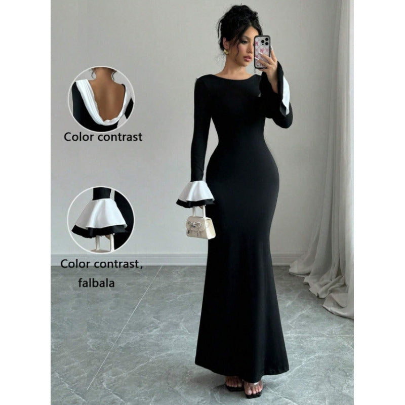 cross-border solid color color block crew neck long sleeve slim fit long elegant dress