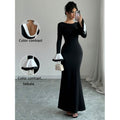 cross-border solid color color block crew neck long sleeve slim fit long elegant dress