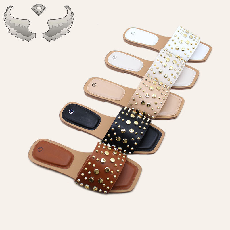 Ladies flat shoes wholesale square head metal rivets flat bottom slippers outer wear craft shoes Slippers