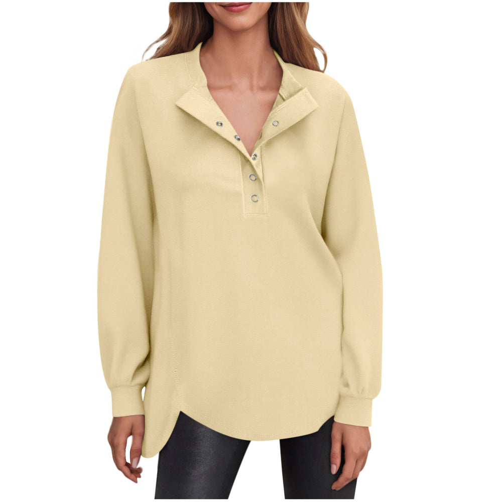 cross-border women's fashion casual solid color crew neck button-down long sleeve top hoodless sweatshirt