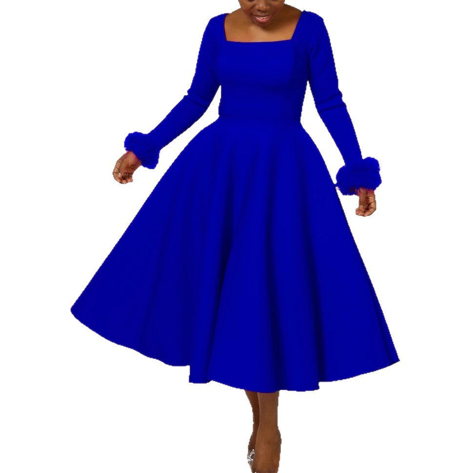 D451 party dress independent station winter elegant elegance fur decoration large skirt dress african dress