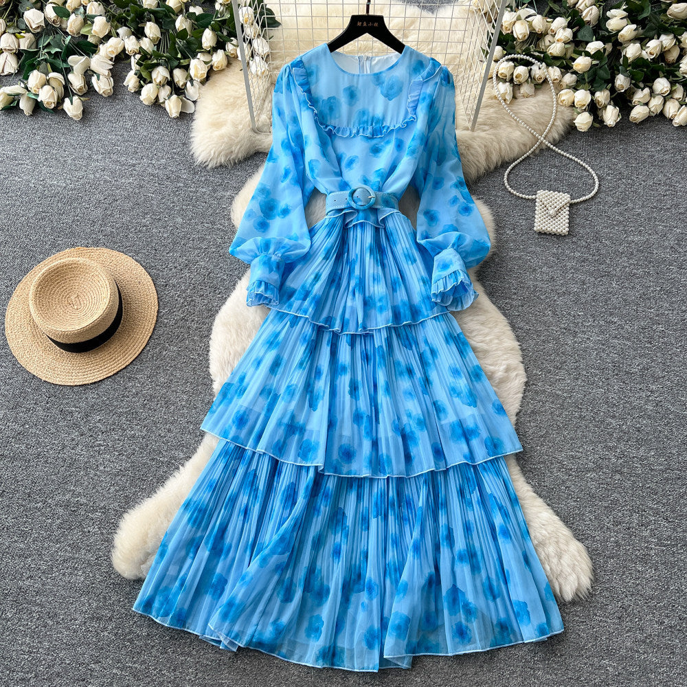 French romantic lantern sleeve printed dress - korean style, cinched waist, flowy maxi dress, high-end vacation vibe