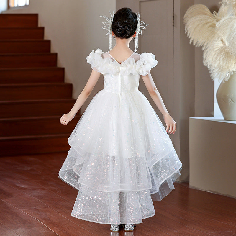 Girls' mesh evening gown, flower girl wedding dress for mid-to-large children, princess dress with train, european and american style, ages 3-14