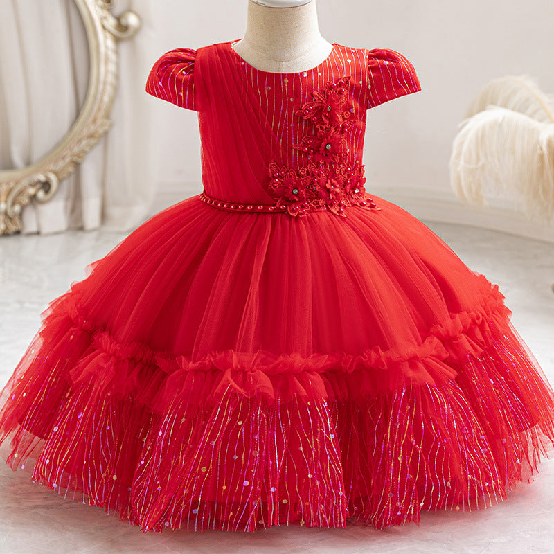 Fashionready-made girl airplane sleeve dress gold sequin princess dress first birthday dress girl dress