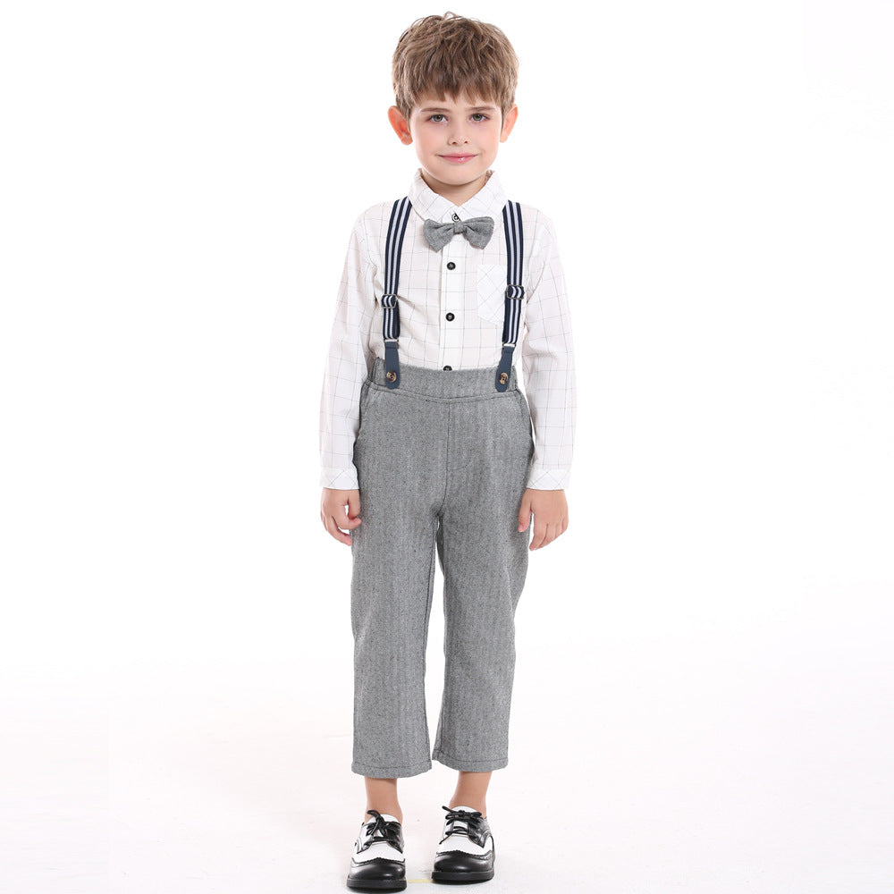 Top and top spring autumk-style boyssuitlong sleevesplaidshirtoverallsnew arrivalwholesale
