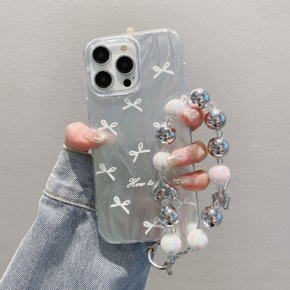 Feather yarn silver suitable for apple 16pro black bow mobile phone case iphone12/14 heart bracelet hard protective case
