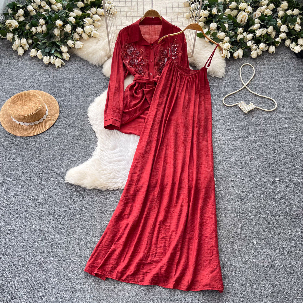 Gentle and lazy style embroidershirt suspender skirt two-piece set for women  spring autumslimming lookelegantfashionsuit