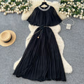 French fashion heavy industry diamond round neck shawl patchwork strap waist slimmingelegantpleated chiffon dress for women