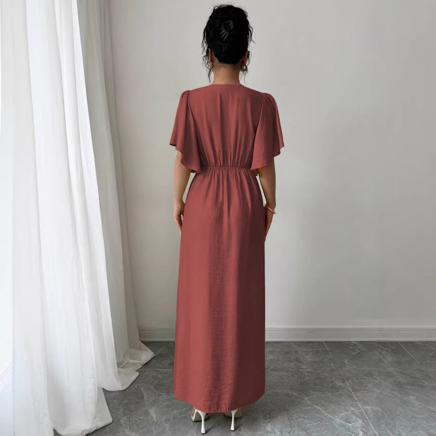 cross-border fashion: european & american  style - elegant deep v-neck solid color single-breasted waist-cinching women's short-sleeve top