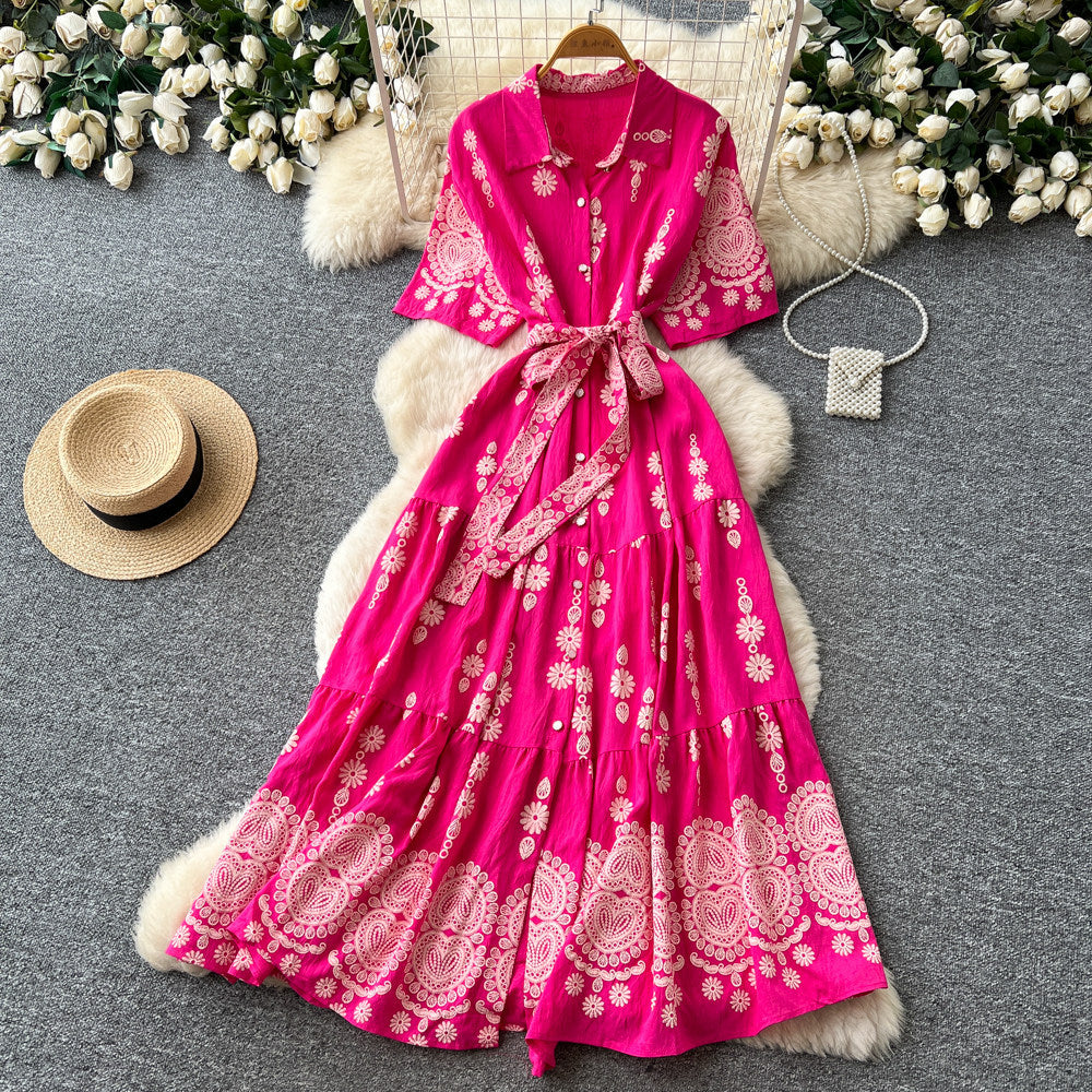 Korean style red printed embroidered dress - women's summer retro high-waisted tie-waist elegant a-line dress - commute outfit
